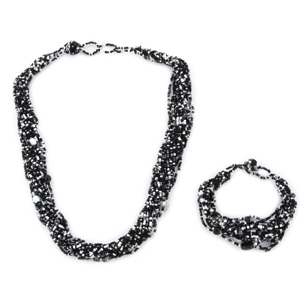 Glass Seed Bead Necklace Bracelet Black and White 26 Inches Versatile